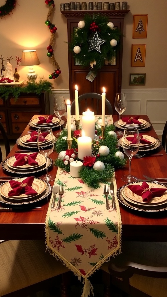 A festive Christmas table setting with decorations, plates, and candles.